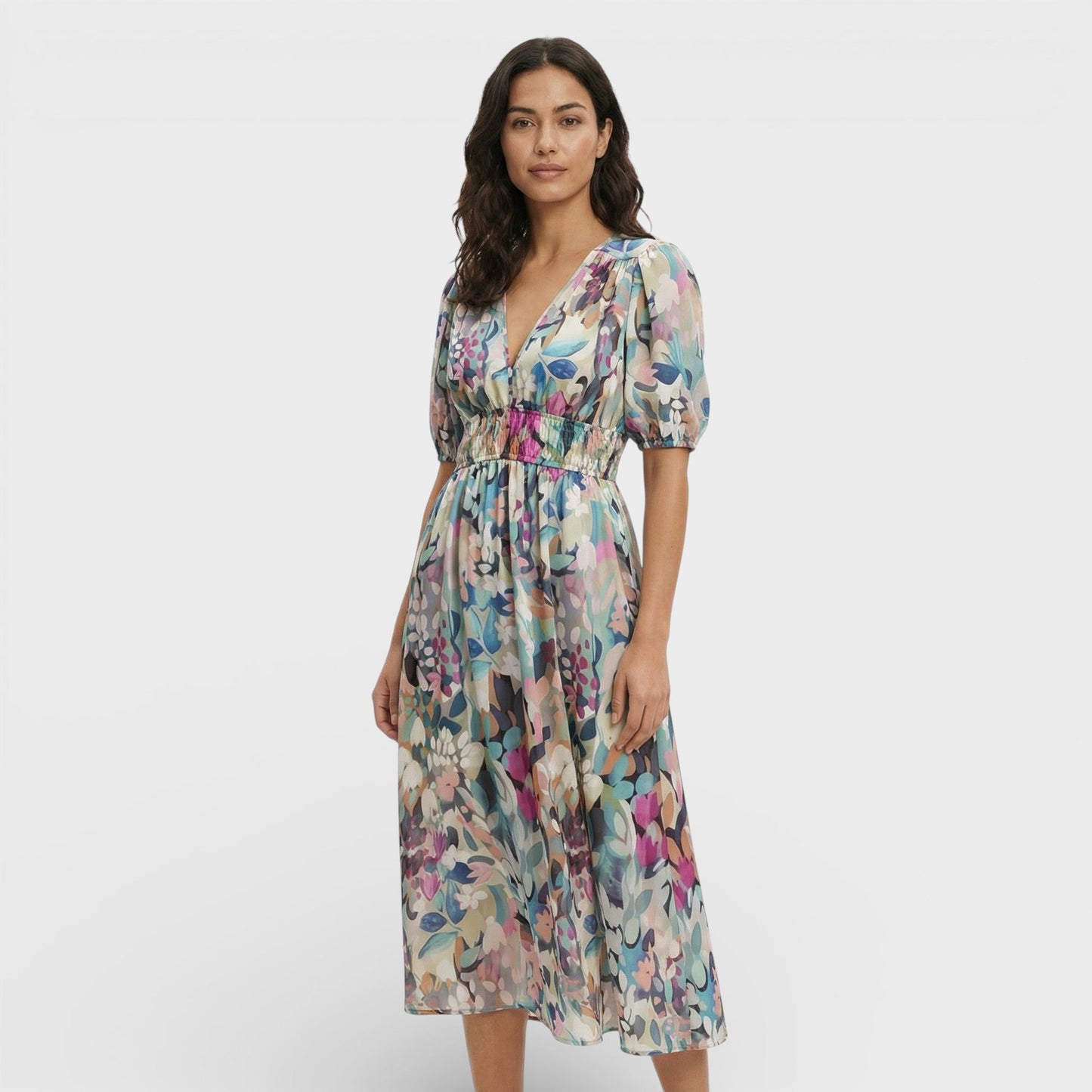 Vestido Midi Floral Mangas Abullonadas