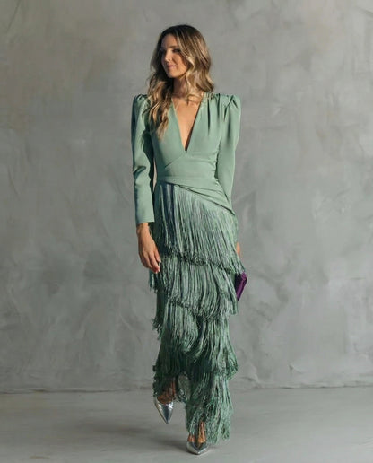 Clara ™ | Vestido Midi Elegante con Mangas de Flecos