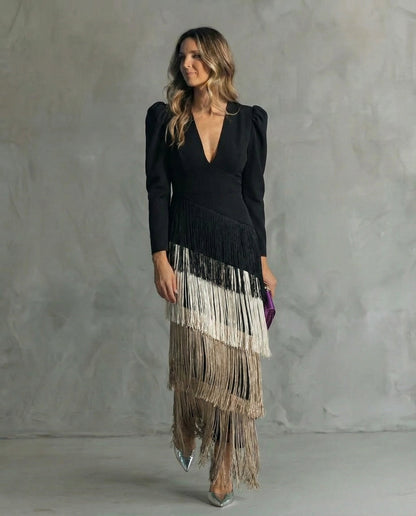 Elara™ | Elegante vestido midi con mangas de flecos