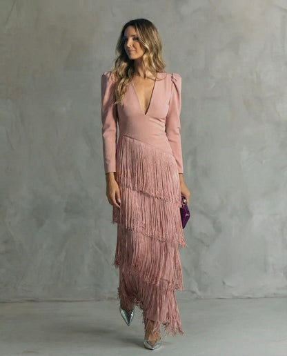 Elara™ | Elegante vestido midi con mangas de flecos
