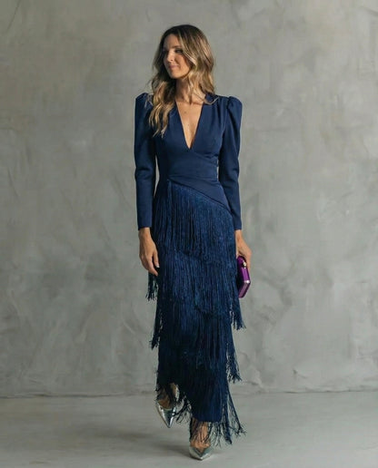 Elara™ | Elegante vestido midi con mangas de flecos