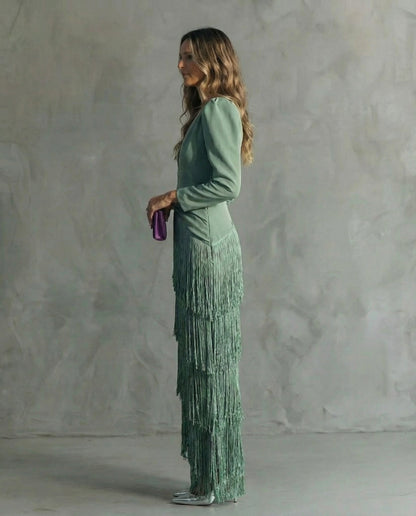 Clara ™ | Vestido Midi Elegante con Mangas de Flecos
