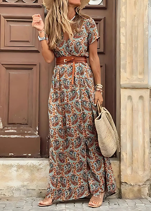 Briony – Vestido Largo Elegante con Estampados Paisley y Cinturón