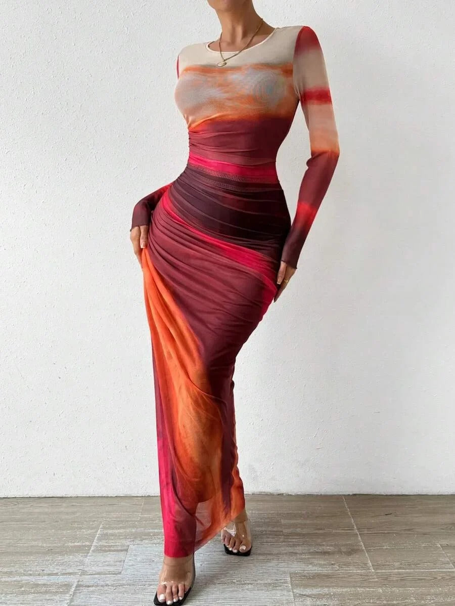 Serene - Vestido Ajustado de Manga Larga Impreso