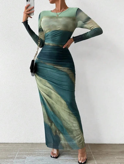 Serene - Vestido Ajustado de Manga Larga Impreso