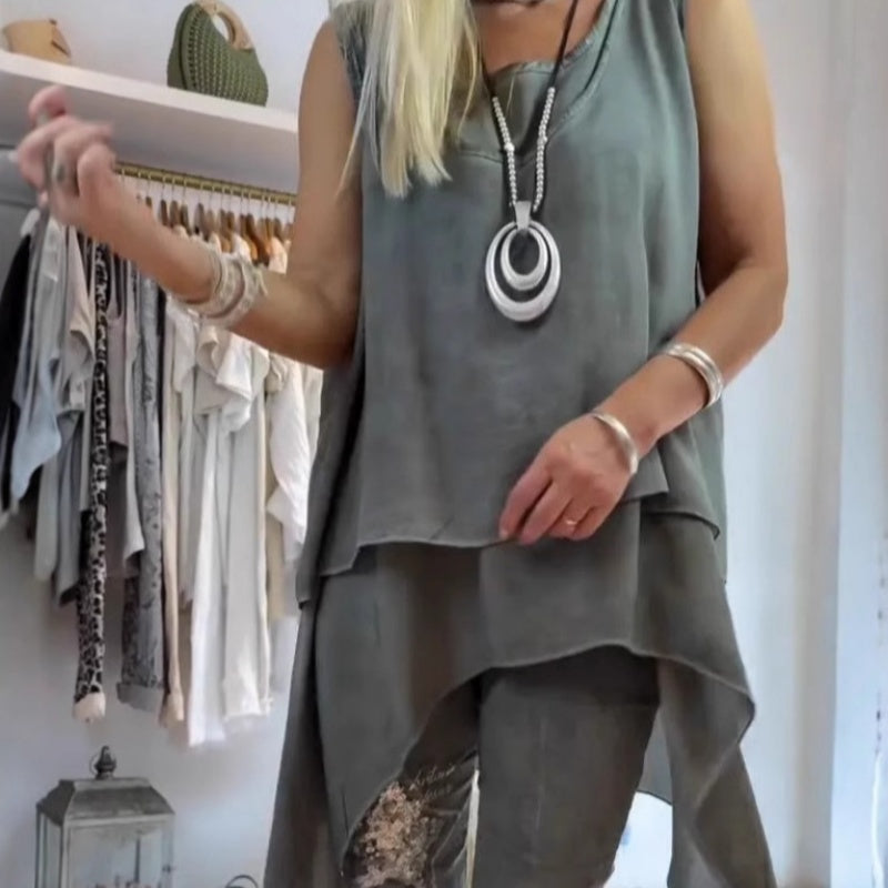Ora - Conjunto de Dama de Dos Piezas: Top Sin Mangas y Pantalones Estampados