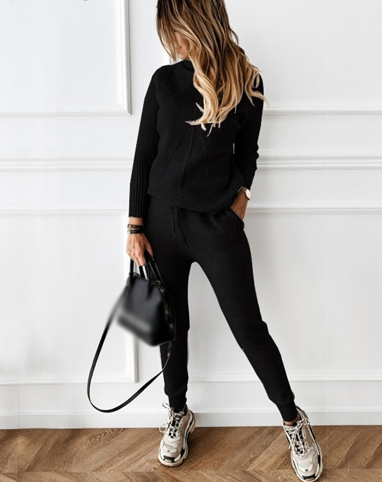 Conjunto de Chándal de Punto Acanalado de 2 Piezas para Mujeres con Joggers y Sudadera