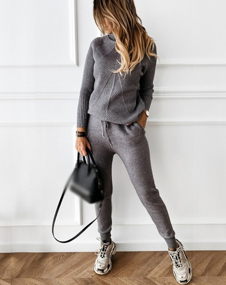 Conjunto de Chándal de Punto Acanalado de 2 Piezas para Mujeres con Joggers y Sudadera